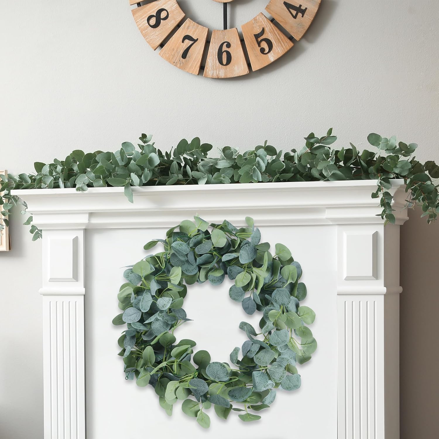 Sggvecsy 6 Pack Artificial Eucalyptus Garland Greenery Leaves Handmade 3D Silk Vines Silver Dollar Leaves Faux Leaf Plants for Wedding Wall Table Party Home Fireplace Bedroom Decor