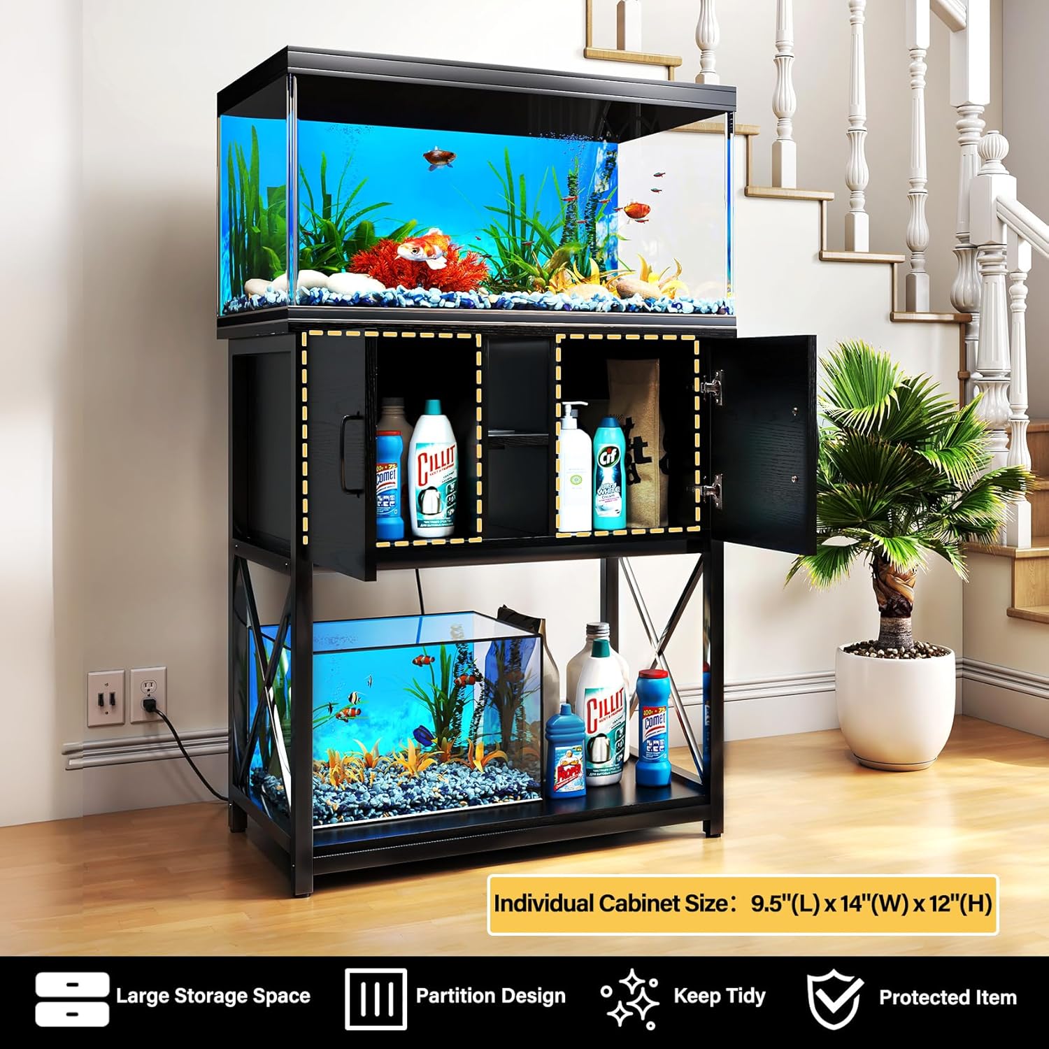TC-HOMENY 10-29 Gallon Aquarium Stand with Charging Station and Cable Holes, Metal Fish Tank Stand with Storage Cabinet, 29" L x 16.5" W Tabletop, 880LBS Capacity
