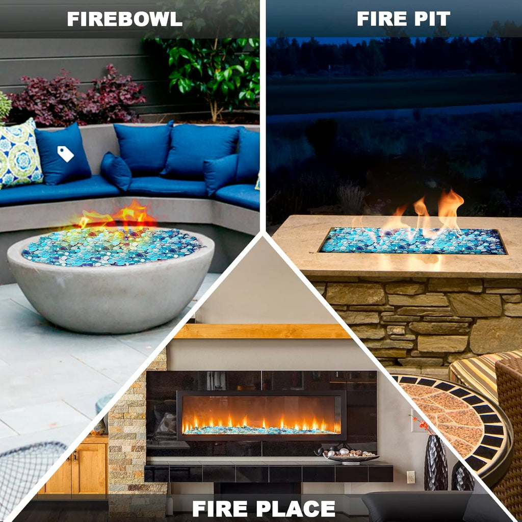 Skyflame 10-Pound Blended Fire Glass Beads for Fire Pit Fireplace Landscaping, 1/2-Inch Cobalt Blue, Crystal Ice, Caribbean Blue Luster
