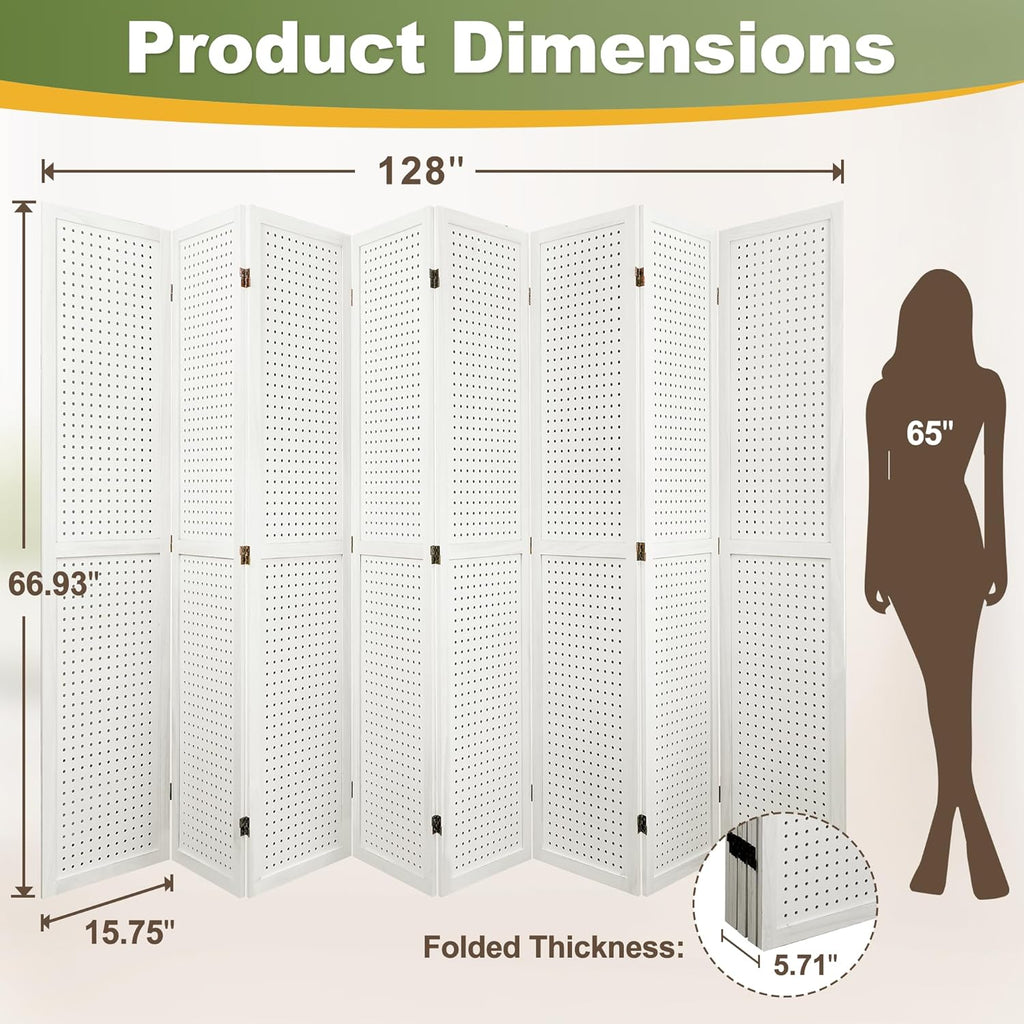 NicBex 8 Panel Pegboard Display,5.6FT Wood PegBoard Room Dividers,Folding Privacy Screens Portable Freestanding Display Board for Craft/Art Shows,Room Separation,White