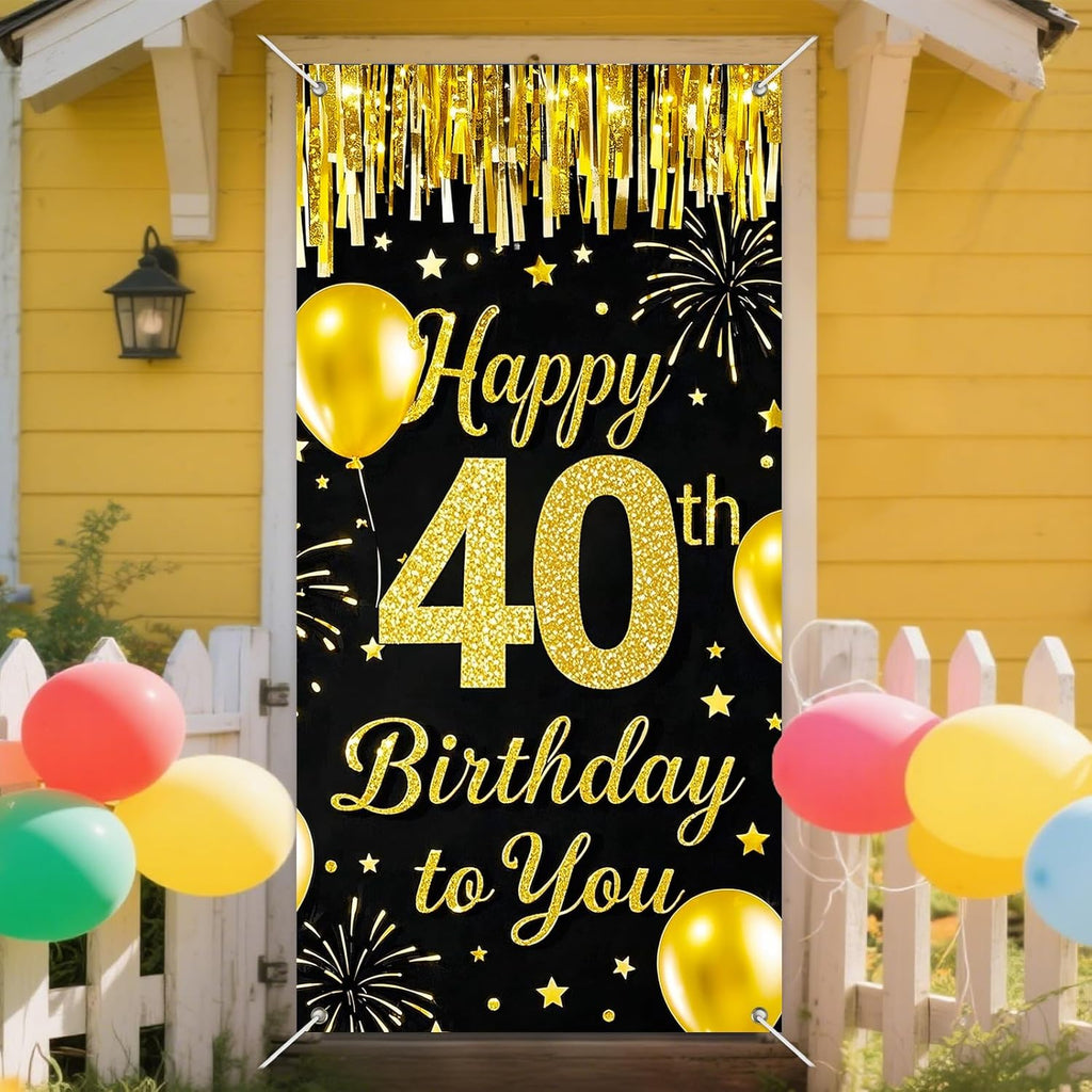 IVN 40th Birthday Door Cover 71x35 Inch Black Gold Birthday Banner for Party Decorations Balloons Stars Fireworks Backdrop Sign for Men Women Photo Booth Prop Wall Decor