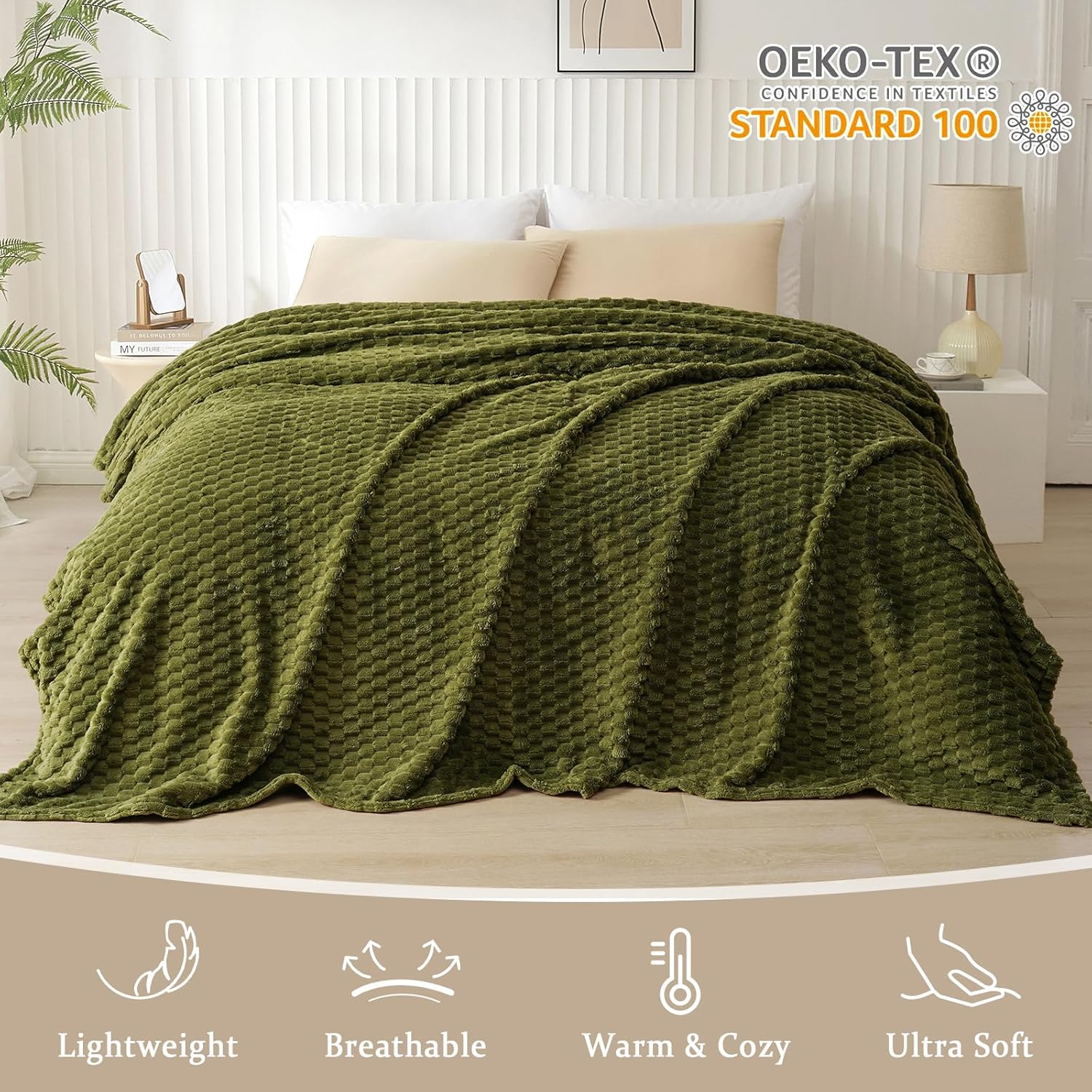 PHF Ultra Soft Flannel Fleece Blanket King Size, Lightweight 3D Jacquard Fleece Blanket, No Shedding, No Pilling, Luxury 340GSM Aesthetic Fluffy Cozy for Bed Room Decor, 108"x90", Olive Green