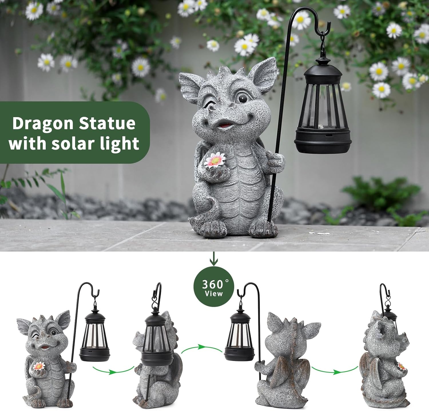 Garden Figurines Dragon Statue Decorations - Solar ResinDragon with Solar Garden Lights Outdoor Decorations for Patio,Yard,Lawn,