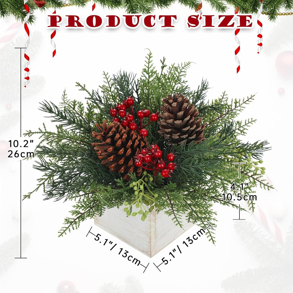 Christmas Centerpieces Table Decorations 10" Small Artificial Potted Christmas Tree Tabletop Pine Plants with Red Berry Pine Cones in Wooden Pot for Home Winter Xmas Mantel Farmhouse Indoor Decor