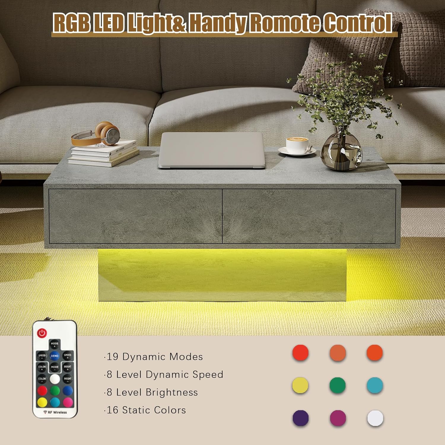 Rectangular LED Coffee Table with 2 Storage Drawers for Living Room, Center Middle Table Modern Cocktail Table Tea Tables Contemporary Mid Century Wood Home Office Waiting Room, Light Grey