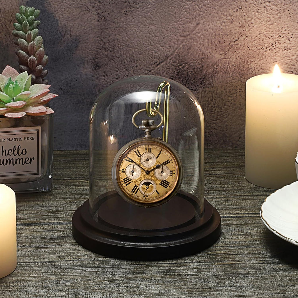 JUXYES Clear Watch Glass Display Dome Cloche With Hook and Wooden Base, Bell Terrarium Jar for Watch Ornaments