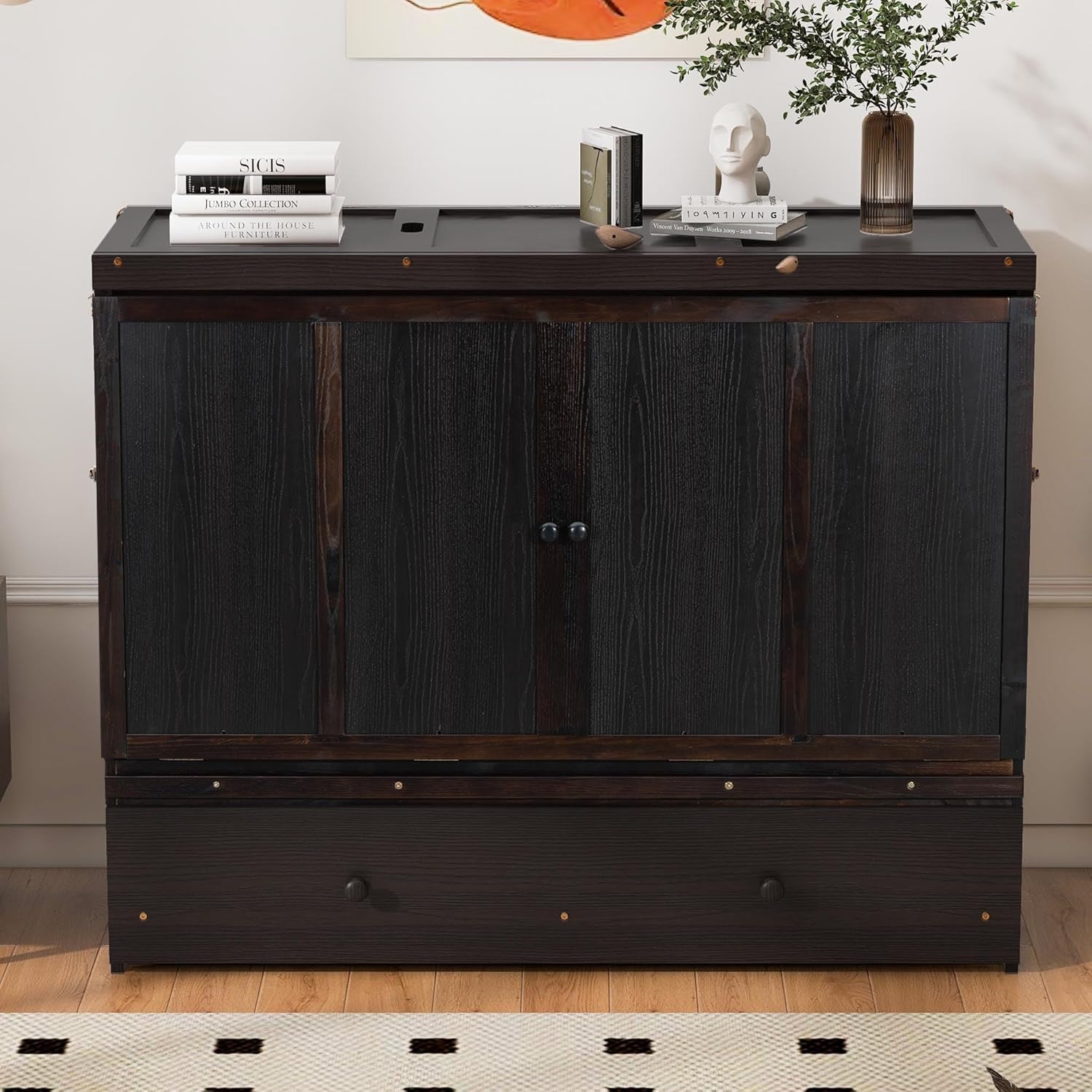 Harper & Bright Designs Queen Murphy Bed with USB Charging Station and Large Drawer, Wooden Queen Size Bed Wall Bed with Storage, Cube Cabinet Bed for Home Office Guest Room Bedroom,Espresso