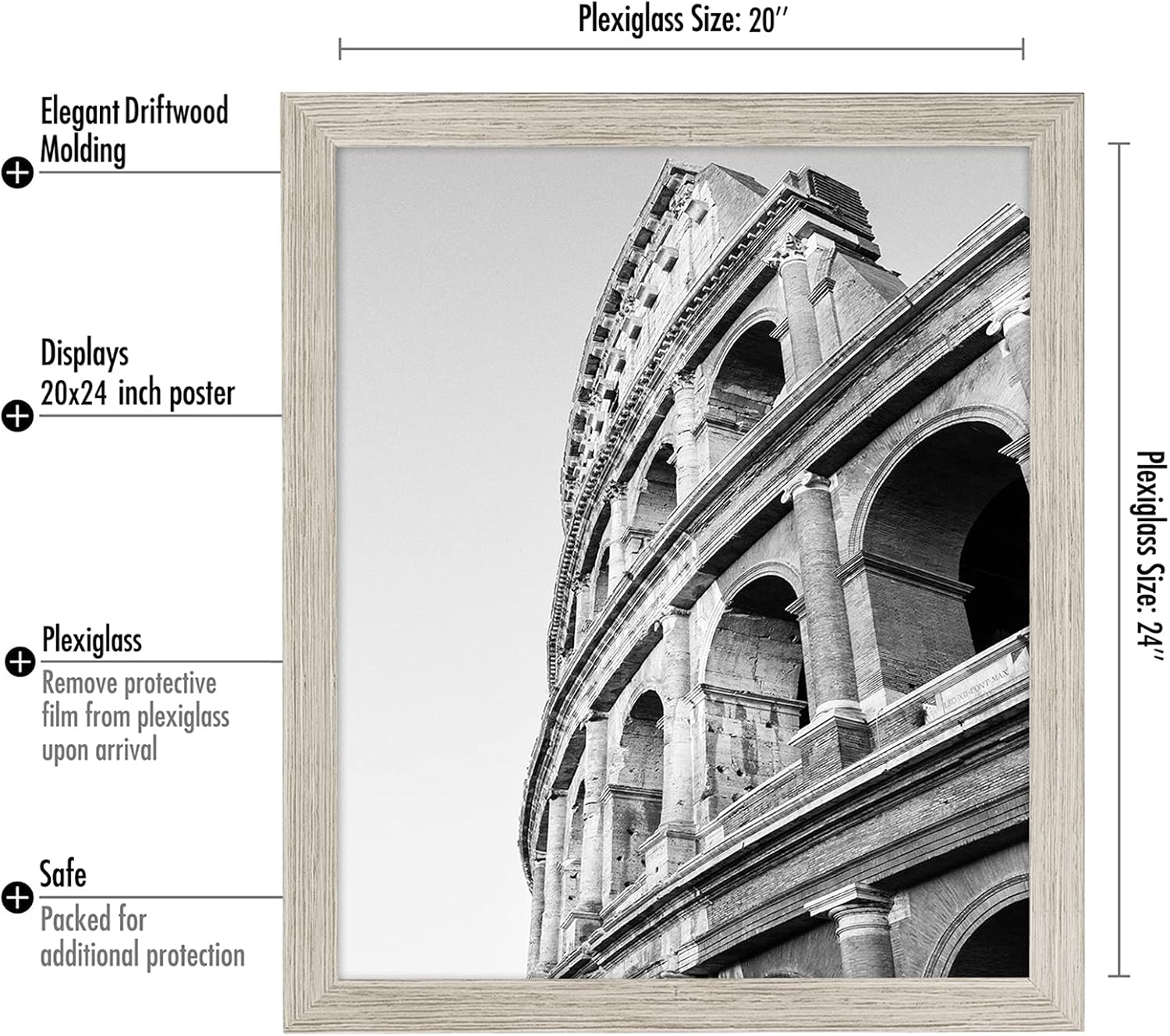 Americanflat 20x24 Picture Frame with Polished Plexiglass - Wide Picture Frames Made of Engineered Wood for Vertical or Horizontal Wall Display - Epic Collection - Driftwood