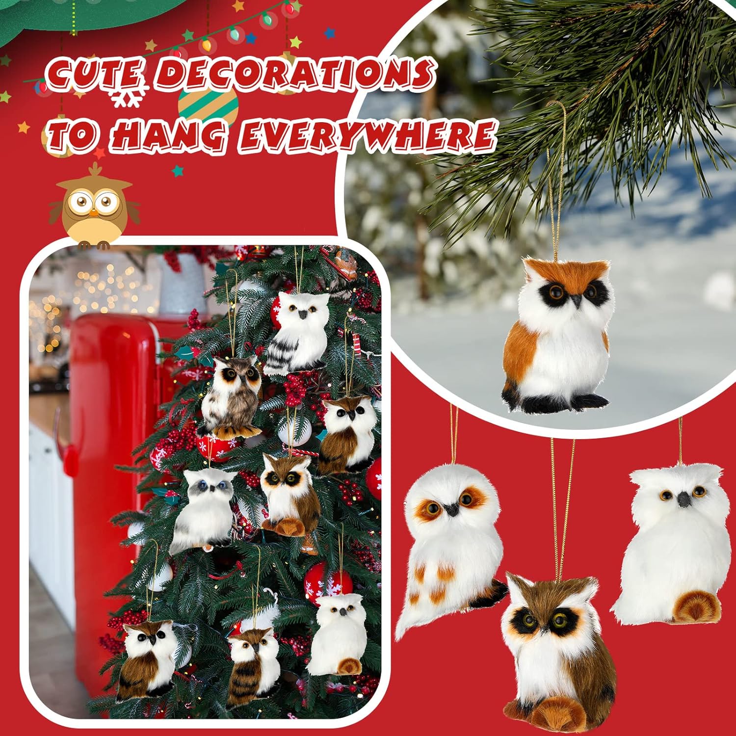 Skylety 10 Pieces Forest Animals Ornaments Woodland Animal Faux Fur Plush Hanging Ornaments Family Educational Playset for Fall, Christmas, Winter Birthday Party Supplies(Owls)