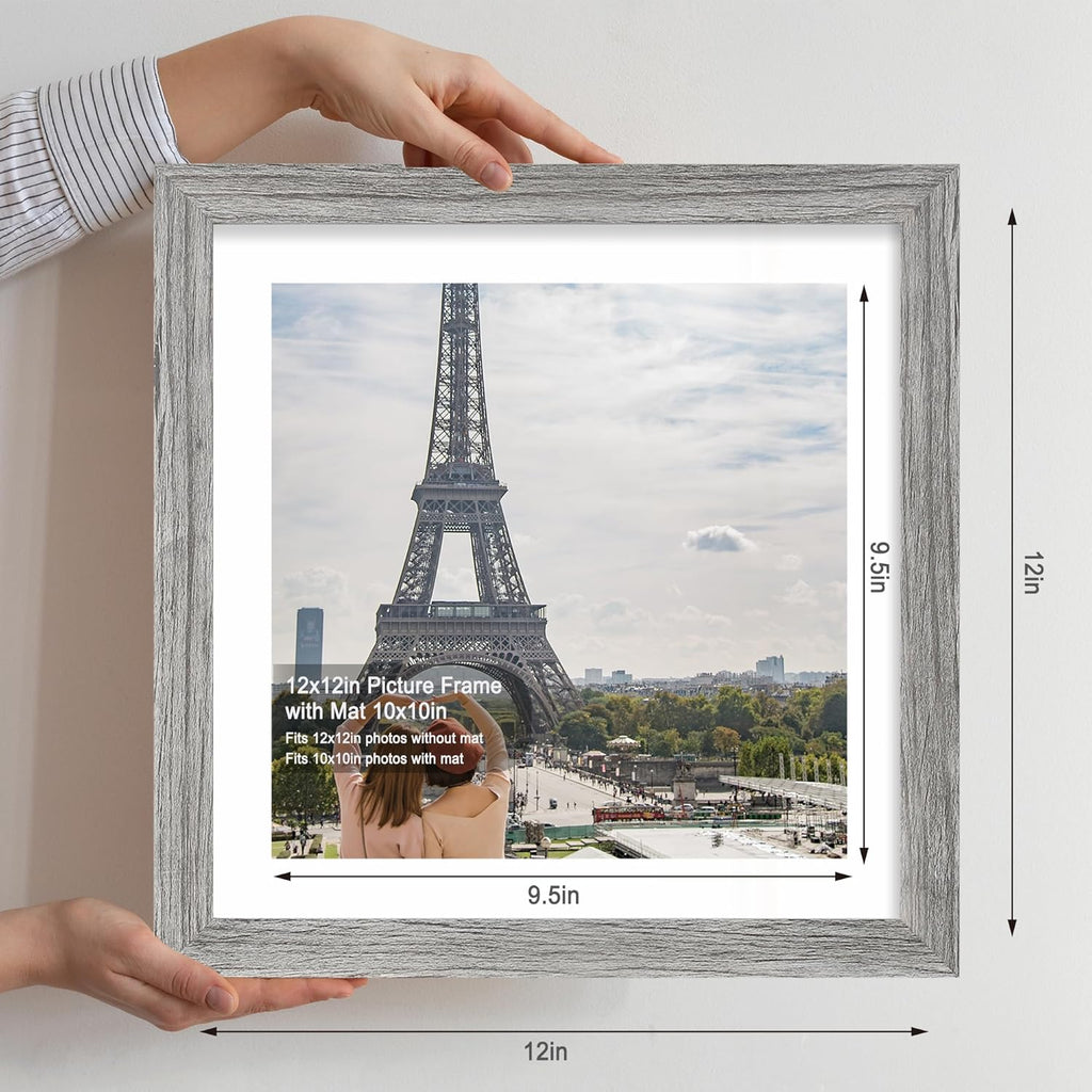12x12 Picture Frame Set of 4 - Made of Glass and Grey Wooden Frame, Display Square Pictures 10x10 with Mat or 12 x 12 without Mat, Desktop & Wall Collage Photo Frame