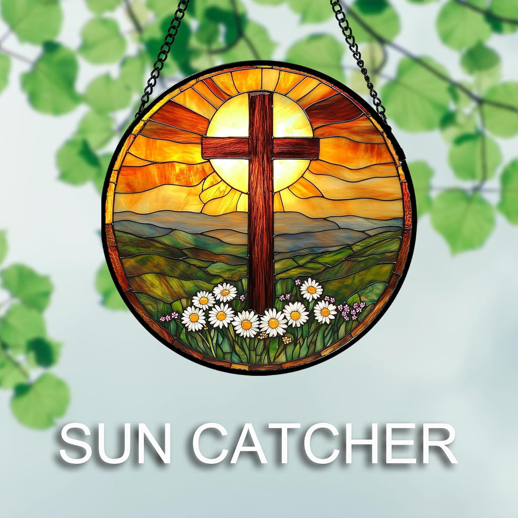 Christian Gifts for Women - Cross Stained Glass Window Hanging Easter Daisy Natural Landscape Sun Catcher Garden Religion Decor Mother's Day Catholic Gift for Men Grandma Mom Her Nana 15"
