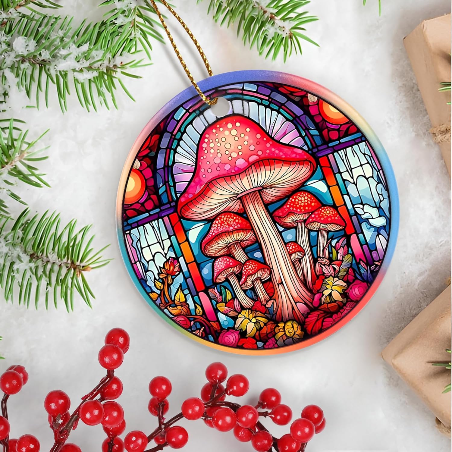 Touber Christmas Ornament, Christmas Decoration, Holiday Present Idea, Heirloom Keepsake, Round Ceramic, Gift Exchange, Gift Idea, Mushroom