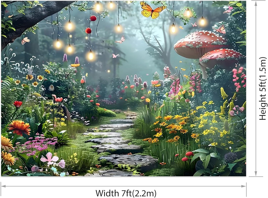 AOFOTO Rainforest Backdrop Colorful Forest Phtography Backdrop Flower Mushroom Butterfly Plants Quiet Path Fairytale Background Photoshoot Background Photo Booth Prop 7x5ft