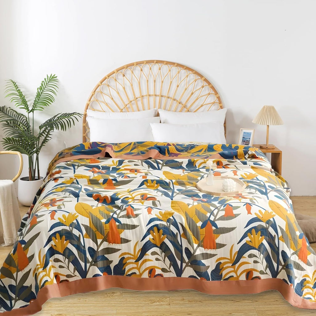 Boho Throw Blanket for Bed - 100% Pure Cotton Ultra Soft Rustic Quilt - Farmhouse Decor Bed Blankets, All Season Rustic Throw for Sofa Couch Chair(91''x 98'', Floral Sea)