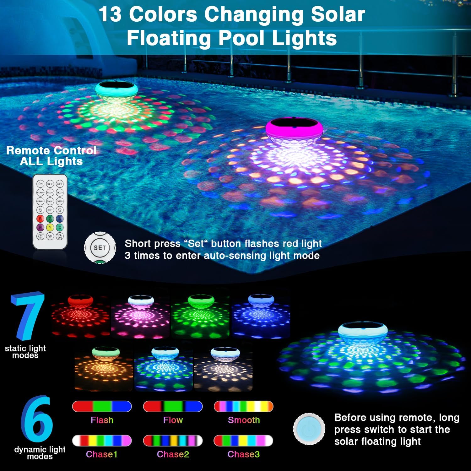 Solar Pool Lights, 2600mAh USB Rechargeable Floating Pool Lights, 6.7" IP68 Waterproof Solar Floating Light with Remote, RGB 13 Colors Upper and Lower Glow Hangable Light for Path, Hot Tubs 1 PCS