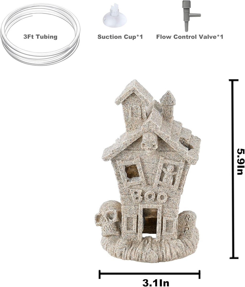 Carefree Fish Aquarium Haunted House Halloween Ghost Bubbler Decor Fish Hide-Out Ornament with 3Ft Tubing and Tiny Air Stone（No Included Air Pump