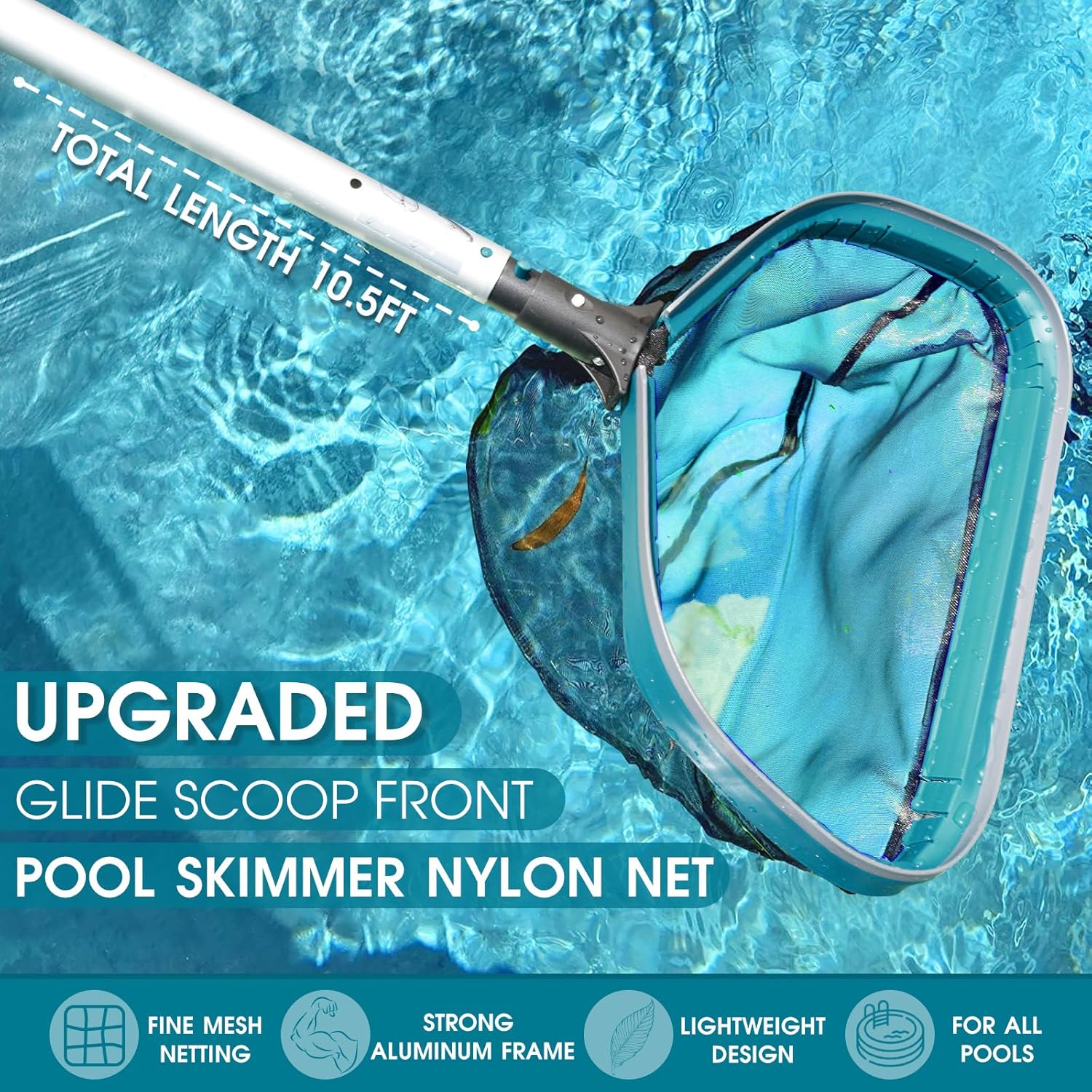 Swimming Pool Cleaning Kit - Aluminum Frame Skimmer Net with 10Ft Adjustable Pole & 17.5” Pool Brush Head, Pools Maintenance Kits for Inground & Above Ground Swimming Pools, Removes Debris