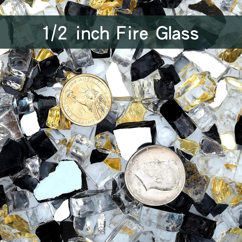 Onlyfire 10 Pounds Blended Reflective Fire Glass for Fire Pit Fireplace and Landscaping, 1/2 Inch Mixed Colored High Luster Fireglass Rocks for Outdoor and Indoor Use - Onyx Black+Platinum+Gold