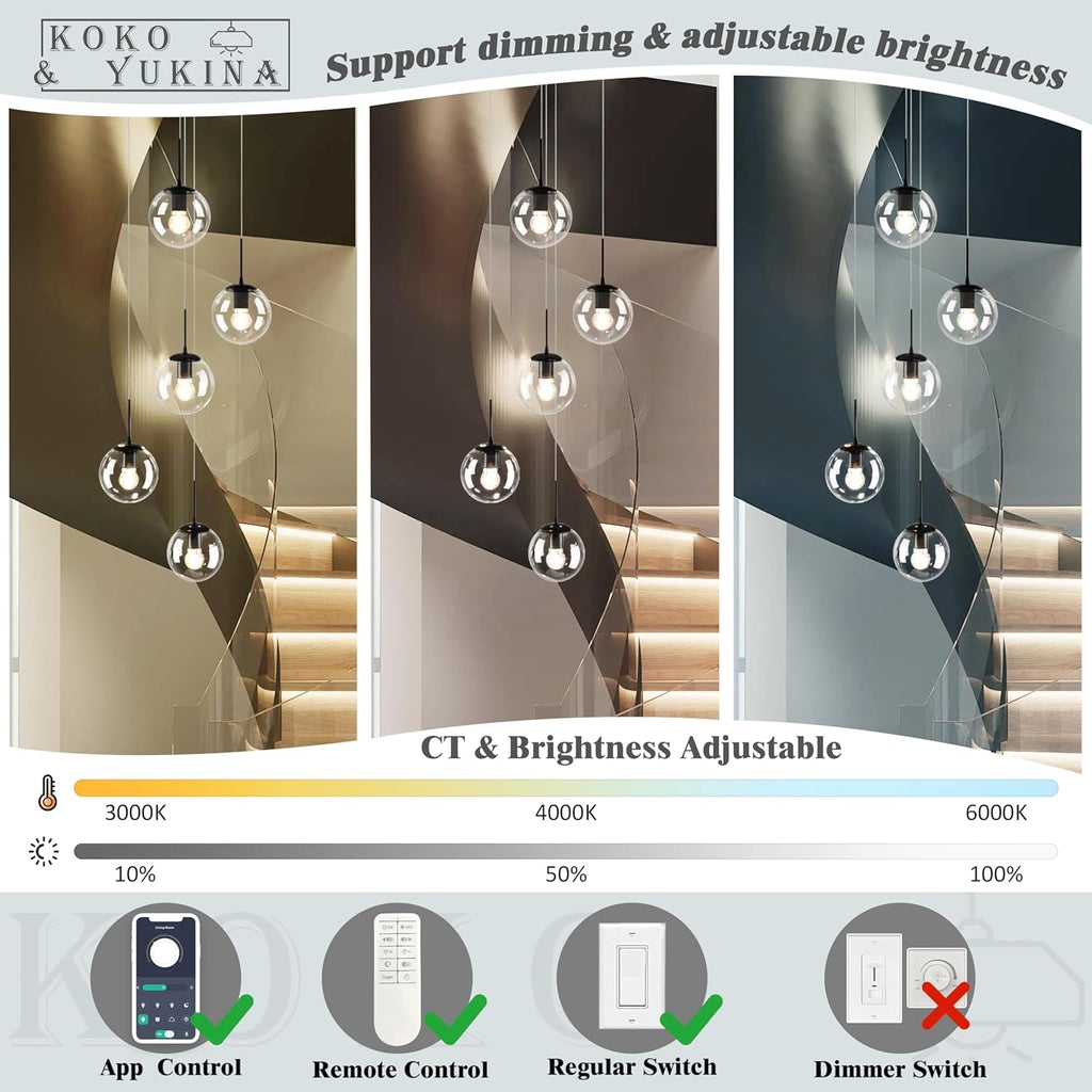 KoKo&Yukina 5-Light Globe Glass Pendant Light Adjustable Length Pendant Lights Modern Black Clear Globe Glass Chandelier High Ceiling Lights Fixtures for Foyer Staircase Entryway (Bulb & Remote Incl)