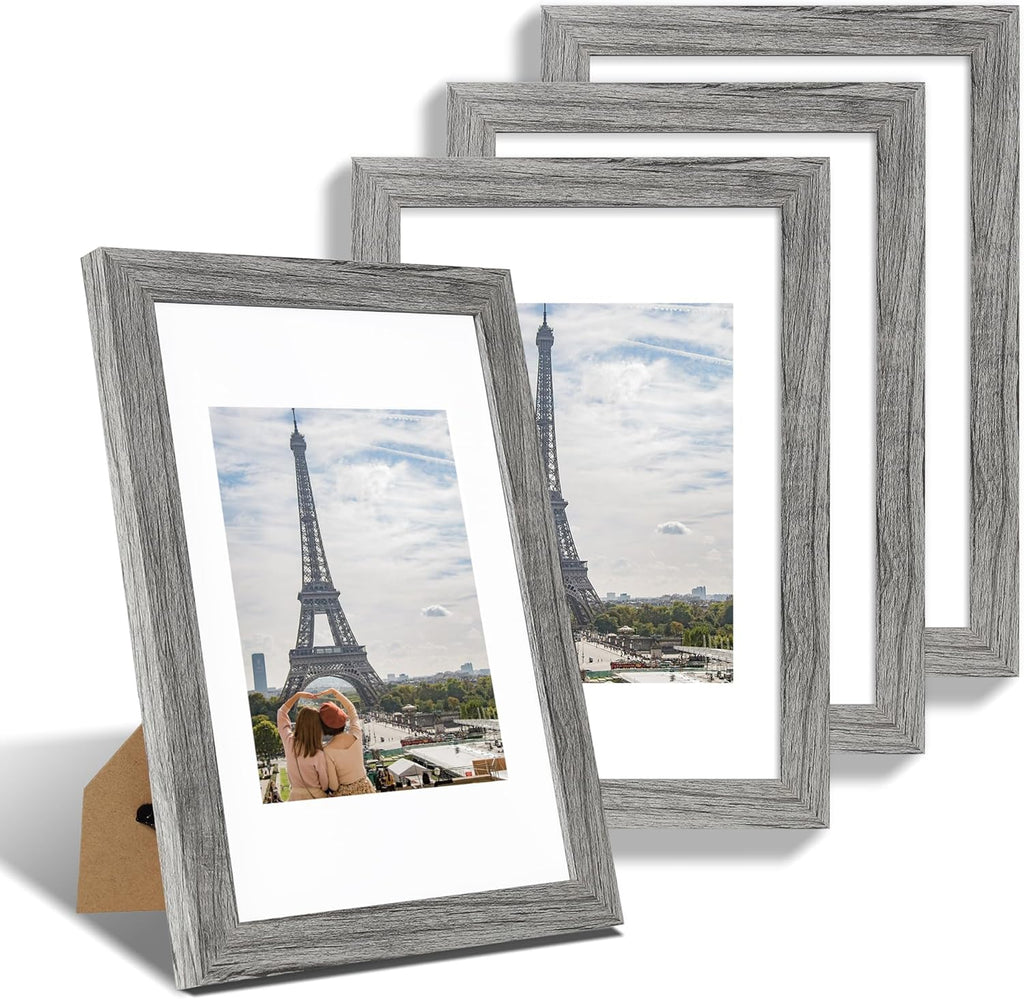 8x12 Picture Frame Set of 4, Made of Glass and Grey Wooden Frame - Display 6x8 Picture with Mat or 8 x 12 Poster Without Mat, 8 by 12 Photo for Wall or Tabletop
