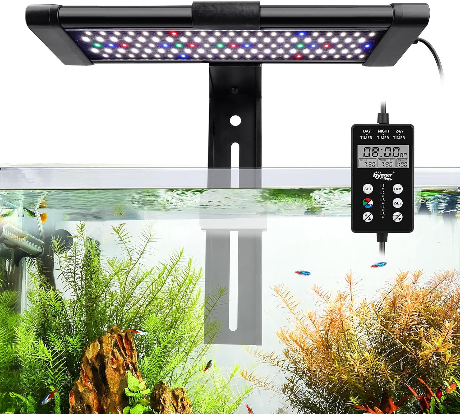 hygger Small Clip On Aquarium LED Light Custom Daylight-Moonlight & 24/7 Mode, 12-18 in Full Spectrum 8 Colors Adjustable Brightness Planted Fish Tank Light