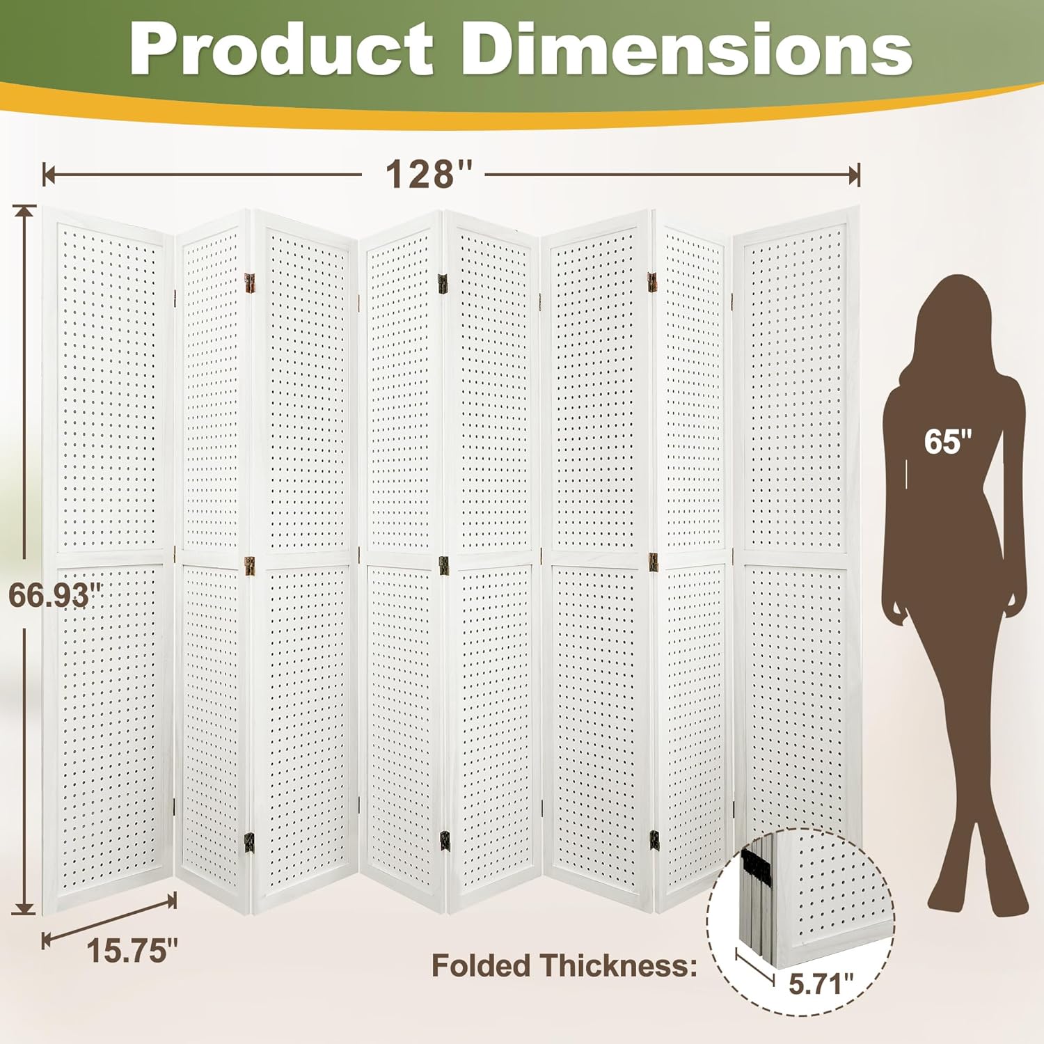 NicBex Room Divider 8 Panel Pegboard Display 5.6FT Wood PegBoard Room Dividers, Folding Privacy Screens Portable Display Board Wall Divider for Craft/Art Shows, Room Separation, White