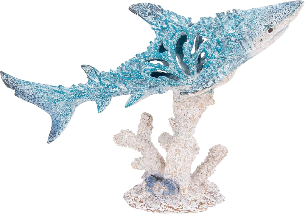 Decorative Shark Figurine 12 Inch Aqua Blue Coral-Look Sculpture with Coral Base Nautical Room Accents Coastal Tabletop Decor