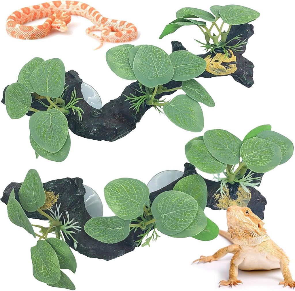 kathson 2 PCS Reptile Corner Branch Resin Snake Climbing Accessories with Leaves Terrarium Plant Decoration with Suction Cup for Bearded Dragon Lizard Frog Gecko Spider Climbing 7.8 x 3.1 x 1.4 inches