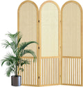 3-Panel Hand-Woven Rattan Room Divider, Tall Foldable Privacy Screen with Wooden Frame - Freestanding Portable Partition for Home Office, Bedroom, Bathroom(Natural-Pine)