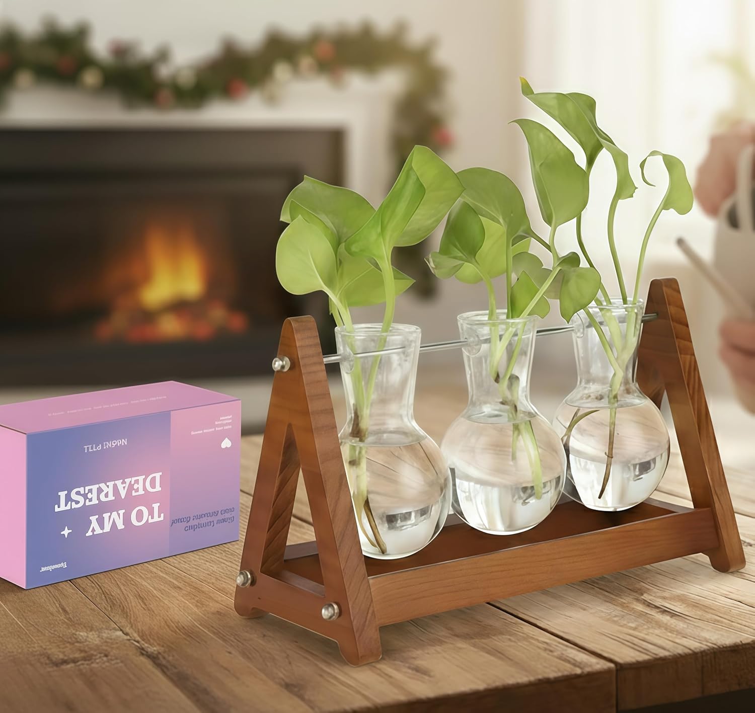 Plant Terrarium with Wooden Stand, 3 Bulb Glass Vase Metal Holder, Retro Hydroponics Planter for Home/Garden/Office Decor, for Women & Mom
