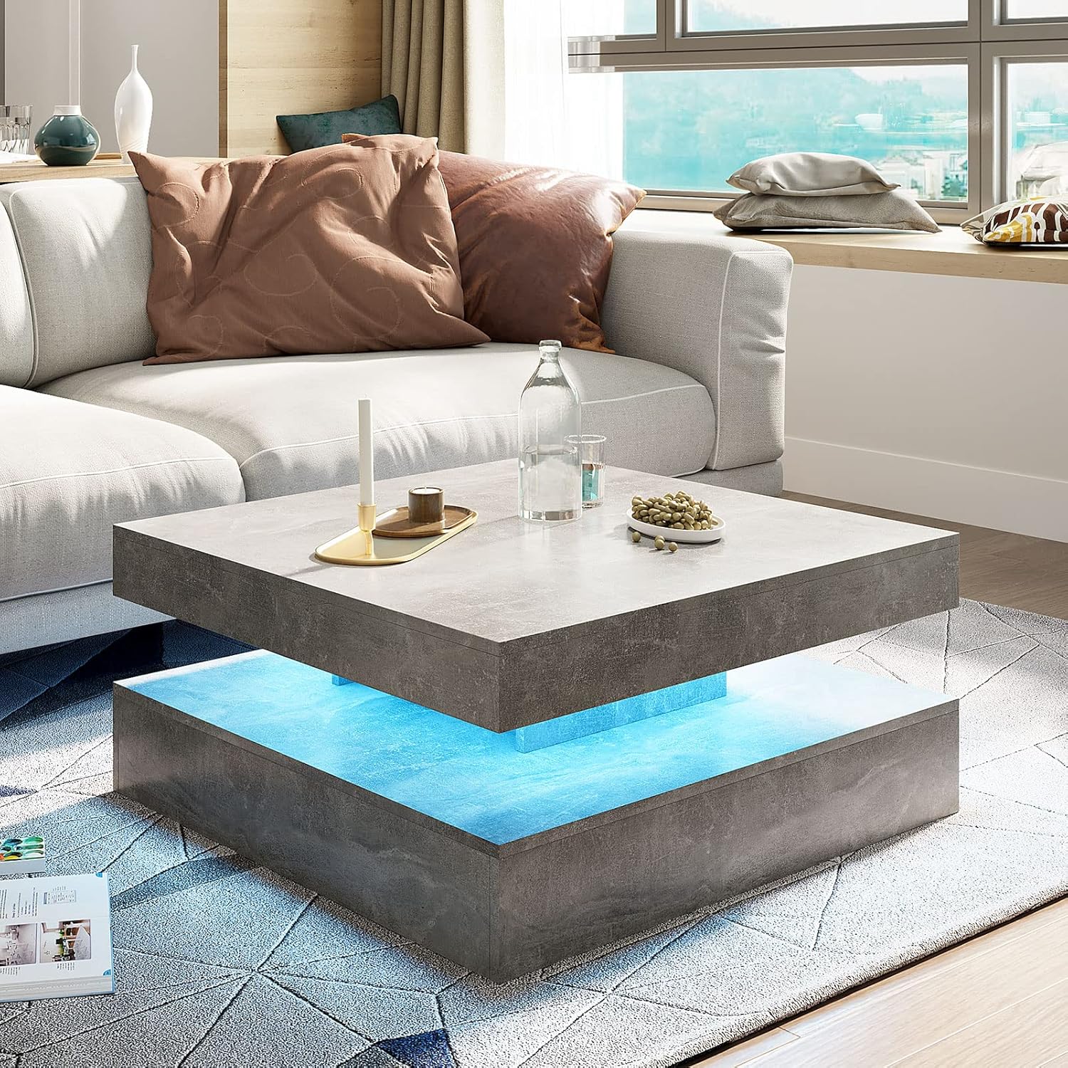 Grey LED Coffee Table for Living Room, Living Room Table 2-Tier Square Middle Center Table, Modern Coffee Tables with Storage, Contemporary Wood Tea Tables for Dining Reception