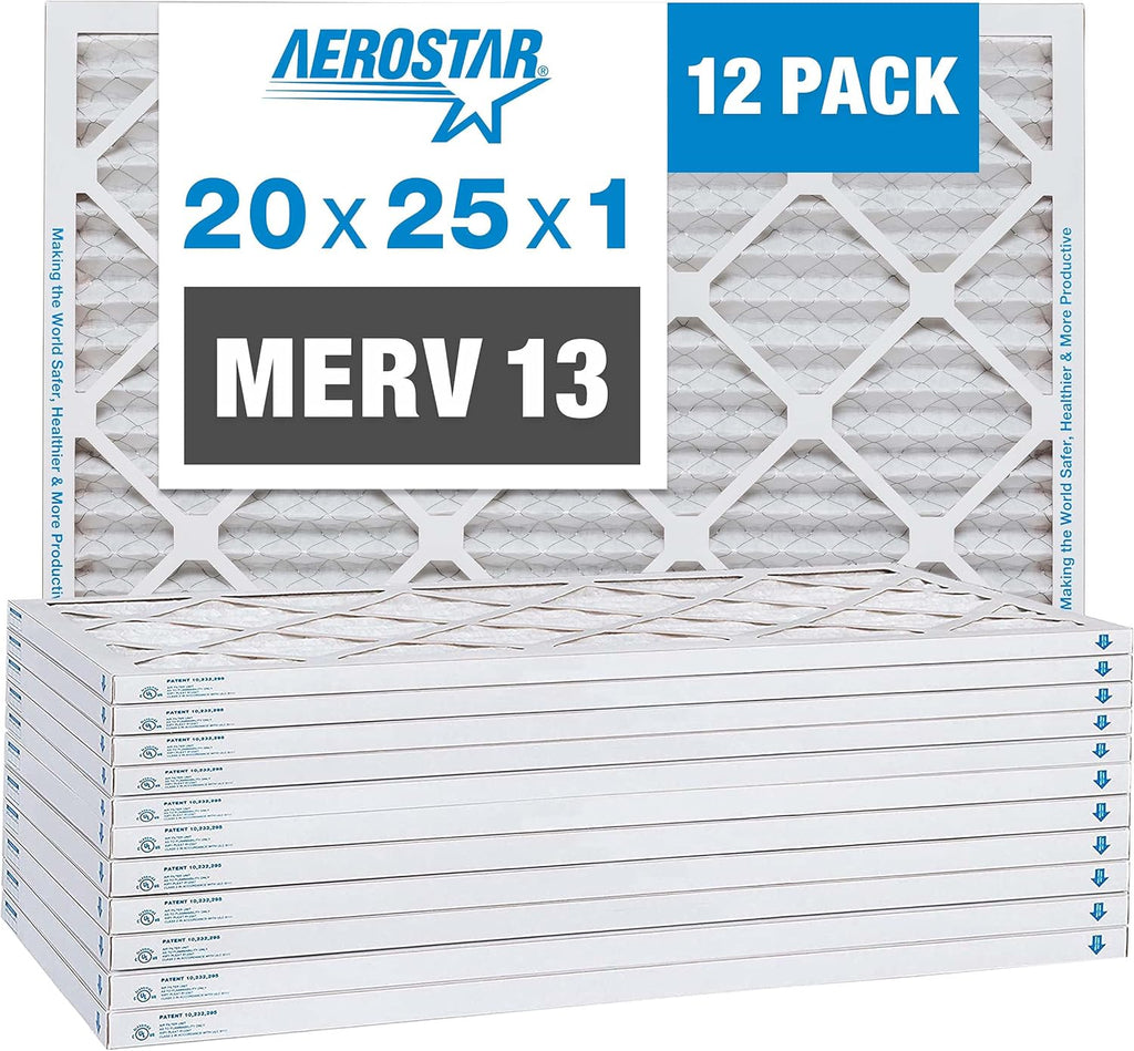 Aerostar 20x25x1 MERV 13 Pleated Air Filter, AC Furnace Air Filter, 12 Pack (Actual Size: 19 3/4" x 24 3/4" x 3/4")