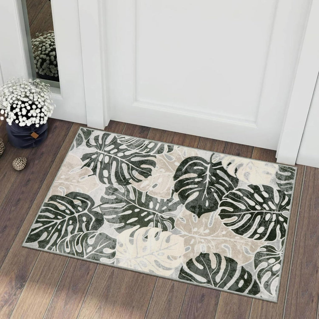 Wonnitar 2x3 Leaf Entryway Rug, Washable Small Indoor Rug for Front Door Entry, Non-Slip Tropical Monstera Kitchen Carpet Soft Low Pile Bath Mats for Bedroom Bathroom, Dark Jungle Green