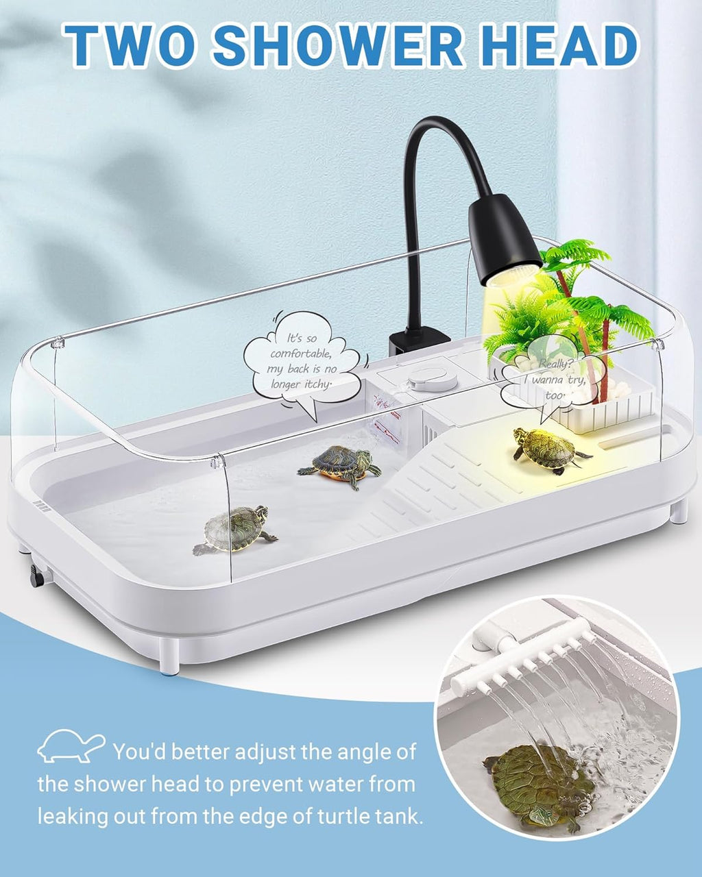 Large Turtle Tank Kit (Tank + Lamp + Filter), Acrylic Turtle Tank Starter Kit, Tank Aquarium with Heightened and Curved Fences, Bottom Drainage, Multi-Function Areas (Black Lamp)