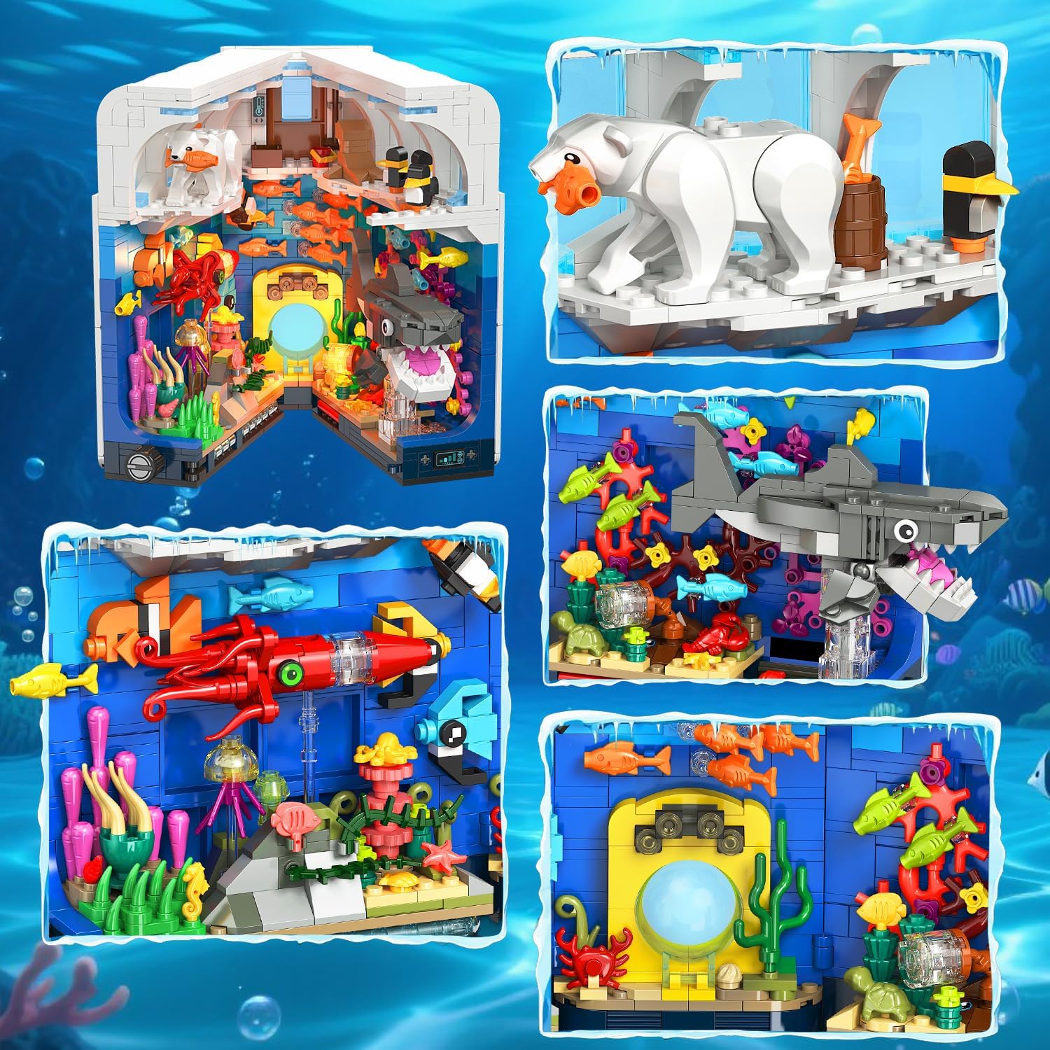 HOGOKIDS Aquarium Book Nook Building Set with Lights - Booknook Fish Building Toy for Bookshelf Home Decor, 1064PCS Movable Shark Ocean Polar Animals Blocks Bookend Kit for Adults Teens Boys Girls 8+