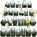 Glass Bud Vases Set, 24 Pcs Gradual Green Glass Vases in Bulk, Vintage Clear Small Set for Centerpieces, Green Rose Mini Design for Flowers Rustic Wedding Decorations Table Home Decor