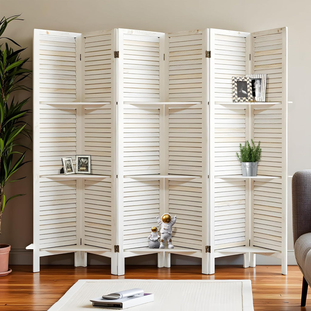 6 Panel Room Divider with Shelves Privacy Screen Partition Wooden Folding Divider for Room Separation Freestanding Room Divider for Home Office, Studio and Apartment, Faded White
