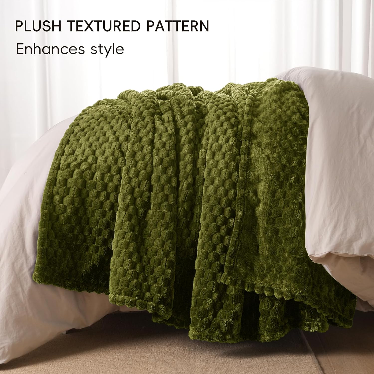 PHF Ultra Soft Flannel Fleece Blanket Queen Size, Lightweight 3D Jacquard Fleece Blanket, No Shedding, No Pilling, Luxury 340GSM Aesthetic Fluffy Cozy for Bed Room Decor, 90"x90", Olive Green