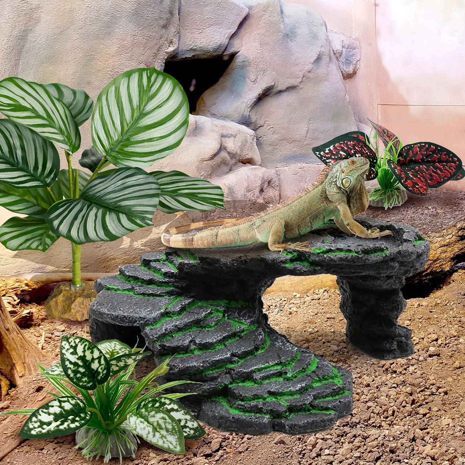 Reptile Artificial Plants, Big Terrarium Plants Decorations Supplies, Aquarium Fish Tank Plants, Amphibian Habitat Hideout Tank Accessories(L Set-3pcs/G)