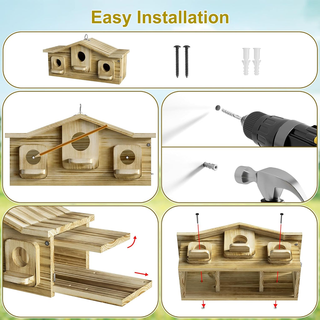 Auslar Bird House, Bird Houses for Outside for 3 Bird Families, Wooden Birdhouse for Outdoors, 3 Hole Hanging Bluebird House for Cardinals Finch Wren Swallow for Garden Viewing