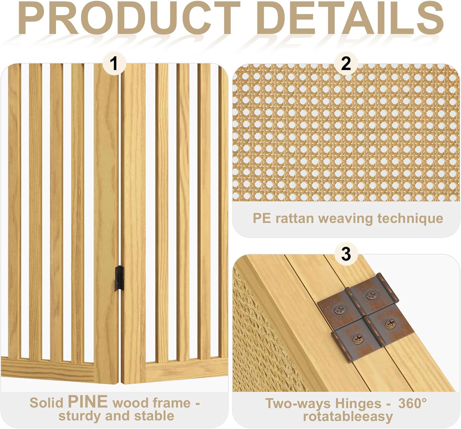 3-Panel Hand-Woven Rattan Room Divider, Tall Foldable Privacy Screen with Wooden Frame - Freestanding Portable Partition for Home Office, Bedroom, Bathroom(Natural-Pine)