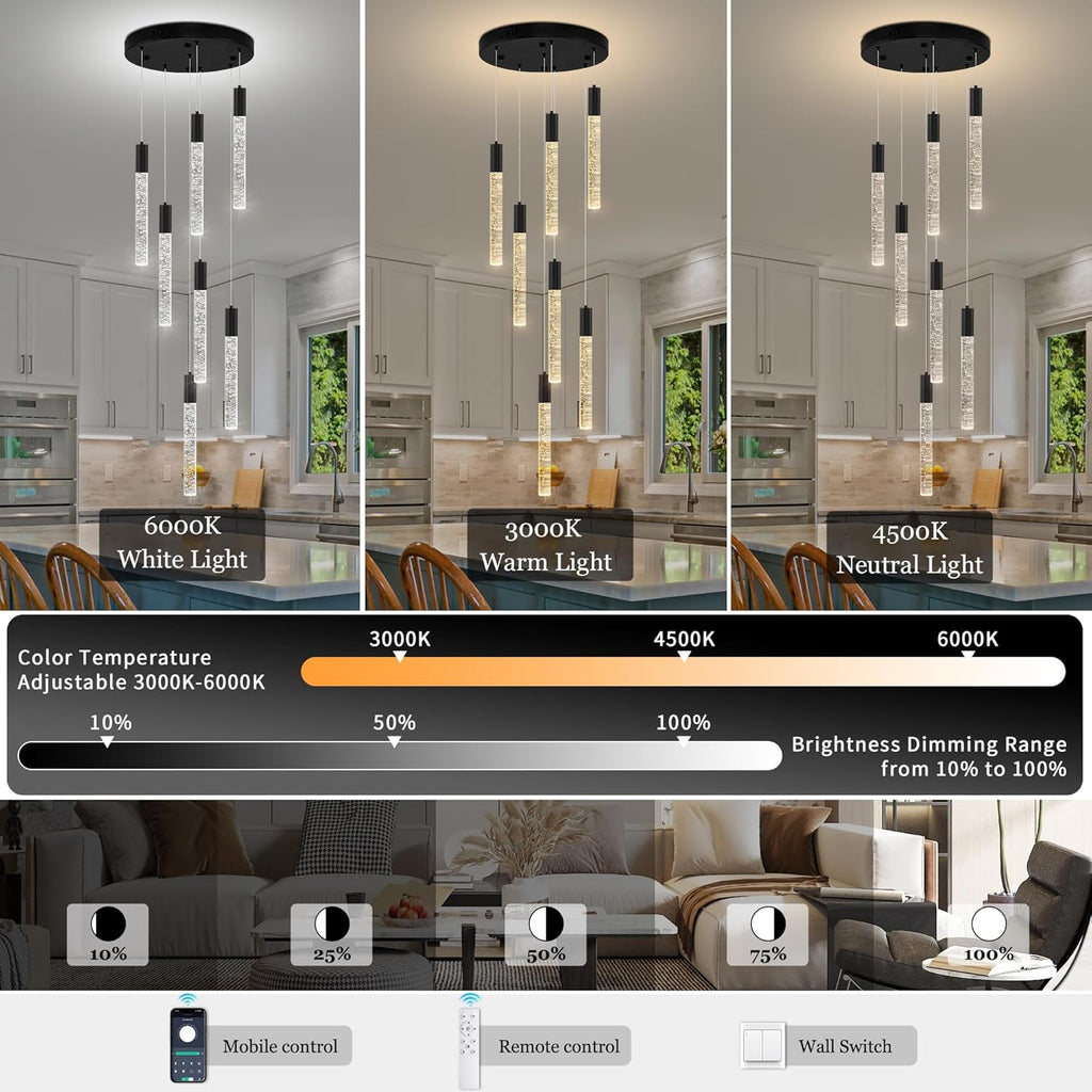 Modern High Ceiling Crystal Chandelier 7-Lights, Spiral LED Raindrop Foyer Pendant Lighting, Bubble Staircase Living Room Hanging Light Fixture Flush Mount Black