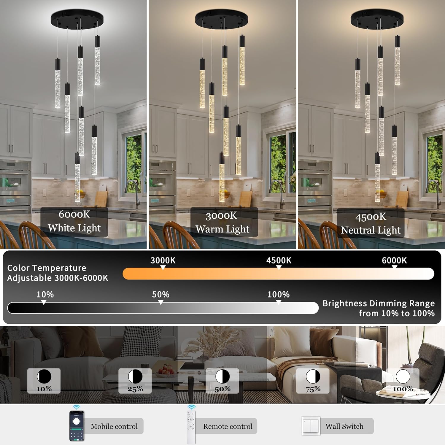 Modern High Ceiling Crystal Chandelier 7-Lights, Spiral LED Raindrop Foyer Pendant Lighting, Bubble Staircase Living Room Hanging Light Fixture Flush Mount Black