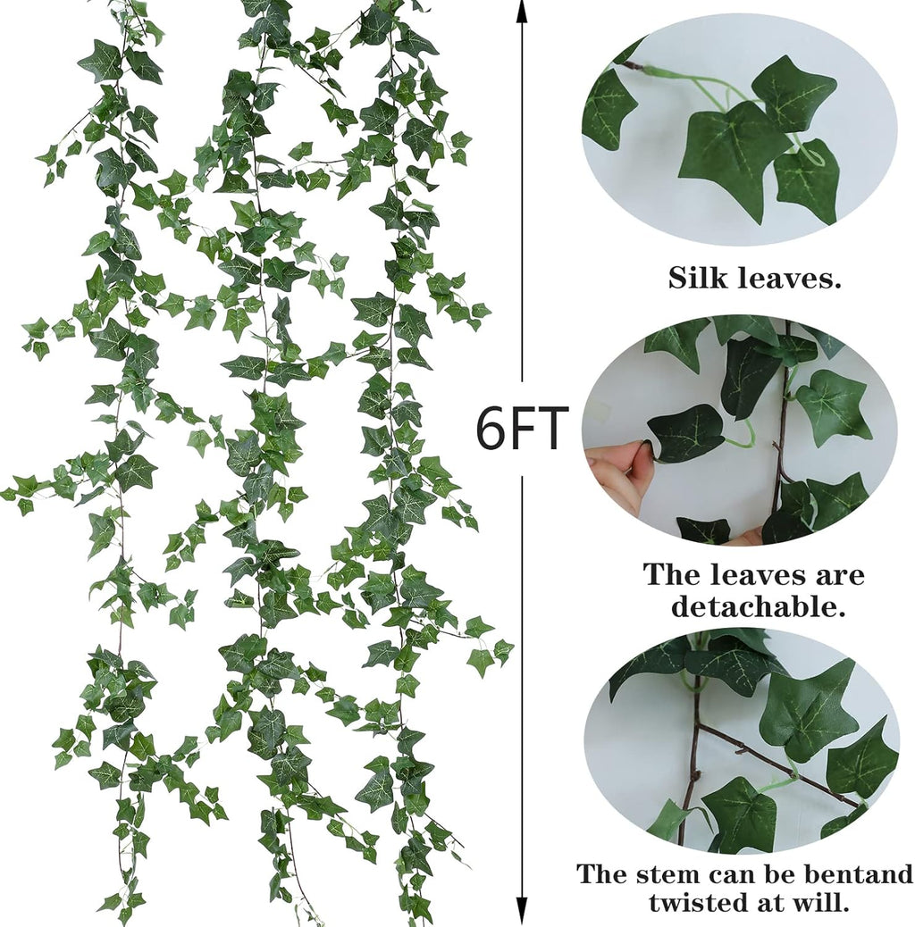 3Pcs Artificial Greenery Ivy Vines Kit, 6FT Odorless Silk Ivy Garland, Green Leaves Fake Hanging Plants, for Boho Decor, Home, Classroom, Wall, Party and Wedding Decoration