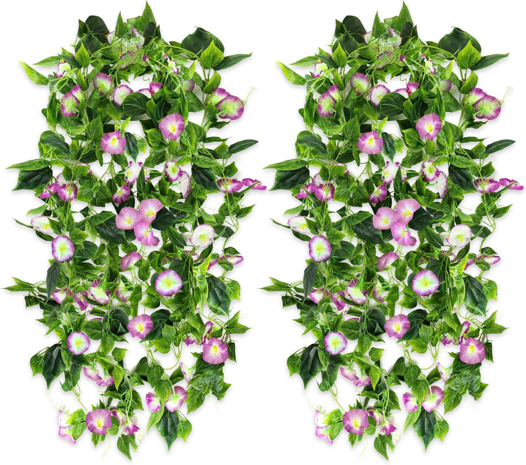AirSun Artificial Morning Glory Flower Vines, 2pcs 15Feet Hanging Plants Silk Garland Fake Green Plant Home Garden Wall Fence Indoor Outdoor Wedding Birthday Decor