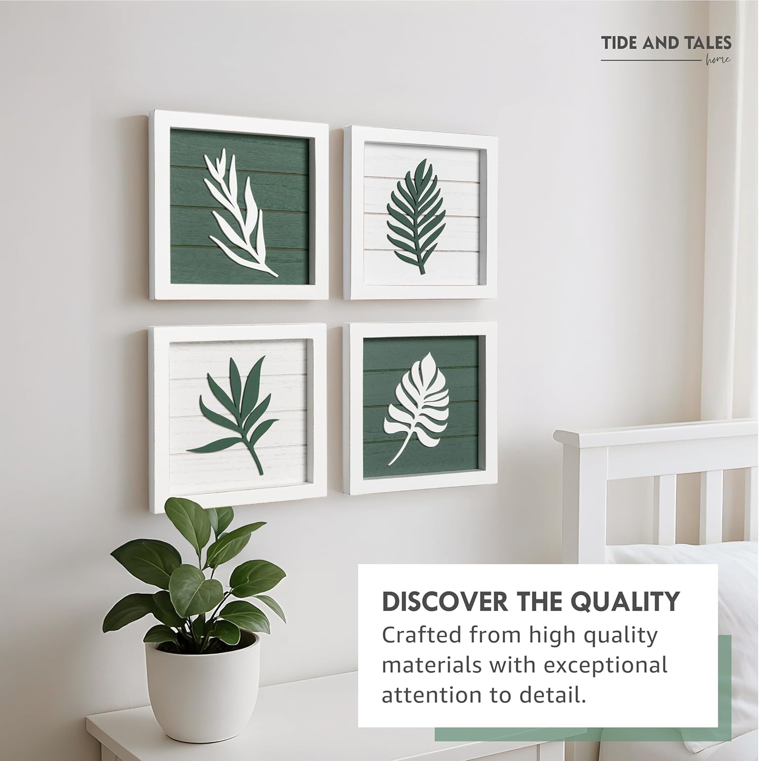 3D Green Botanical Wall Art (Framed Set of 4) Lightweight, Ready-to-Hang Leaf Decor - Wooden Minimalist Boho Wall Art for Bathroom, Bedroom, Living Room or Office - Farmhouse Plant Artwork, Gift-Boxed