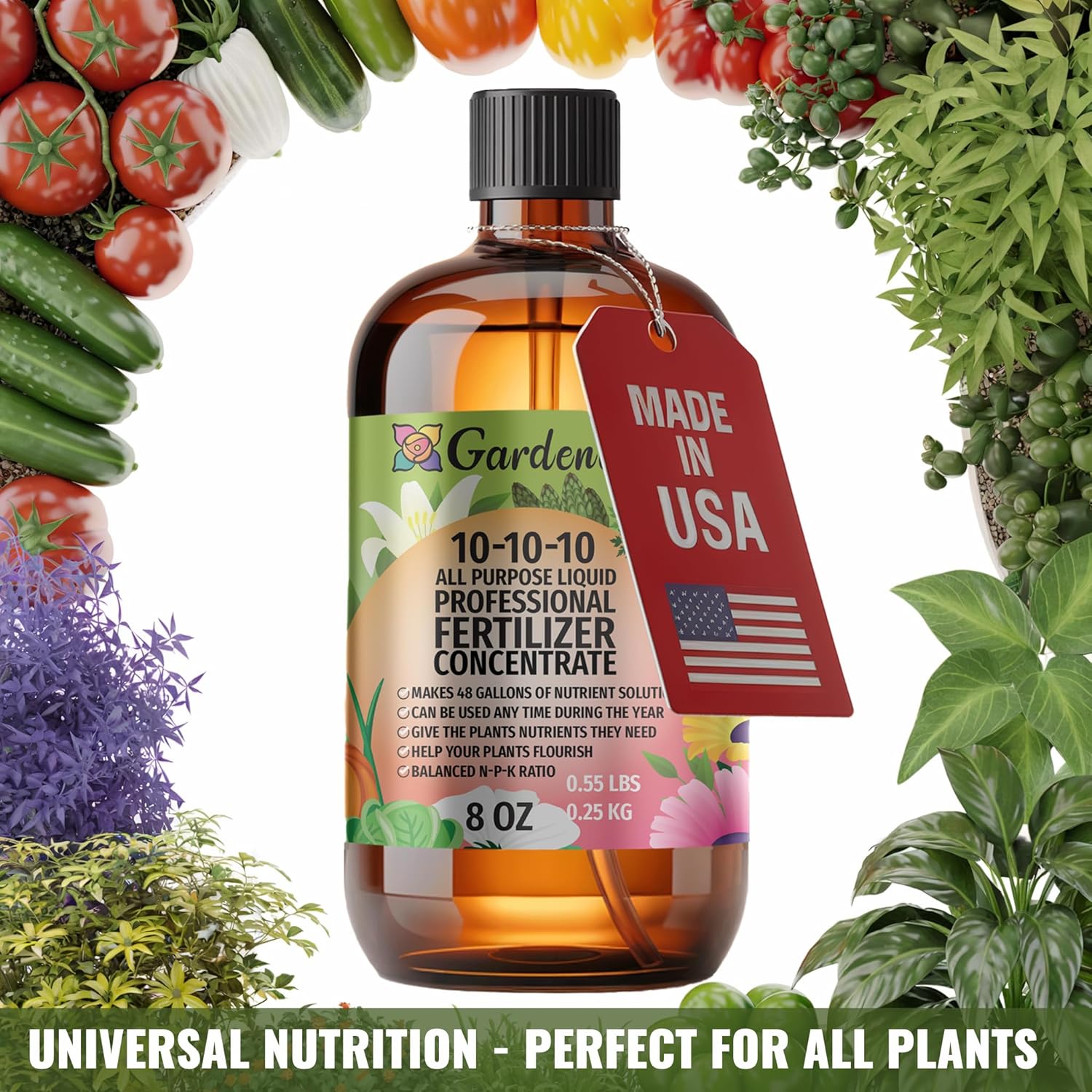 Gardenera Premium 10-10-10 All Purpose Liquid Plant Food - Professional Grade Garden Fertilizer Concentrate for Lawns, Trees, Plants, Vegetables, Fruits & Flowers - Makes 192 Gallons - (32 OZ)