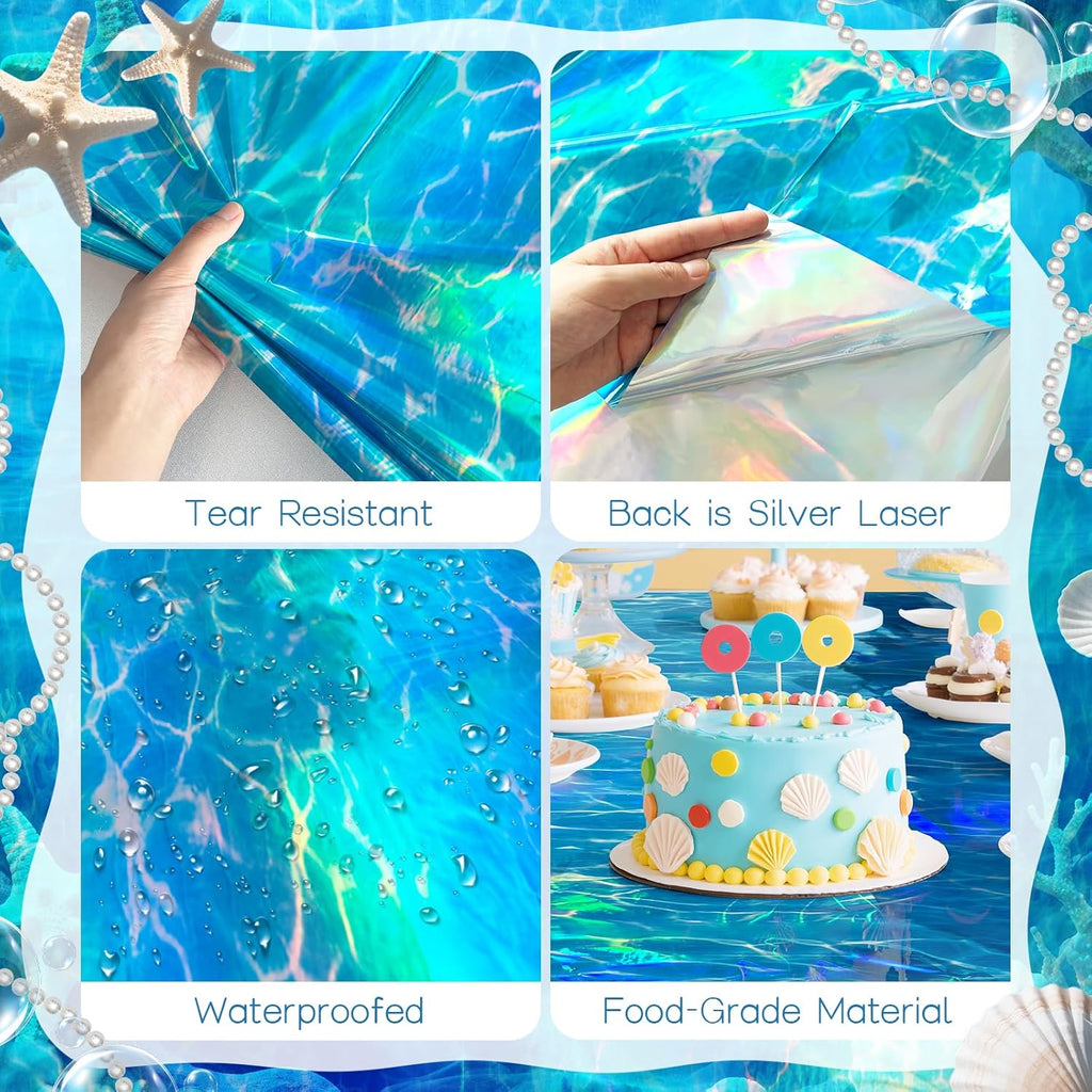 4 Pack Ocean Waves Holography Tablecloth, 54 x 108” Blue Sea Design, Waterproof Disposable Plastic Table Cover for Beach, Pool, Under The Sea, and Birthday Party Decorations