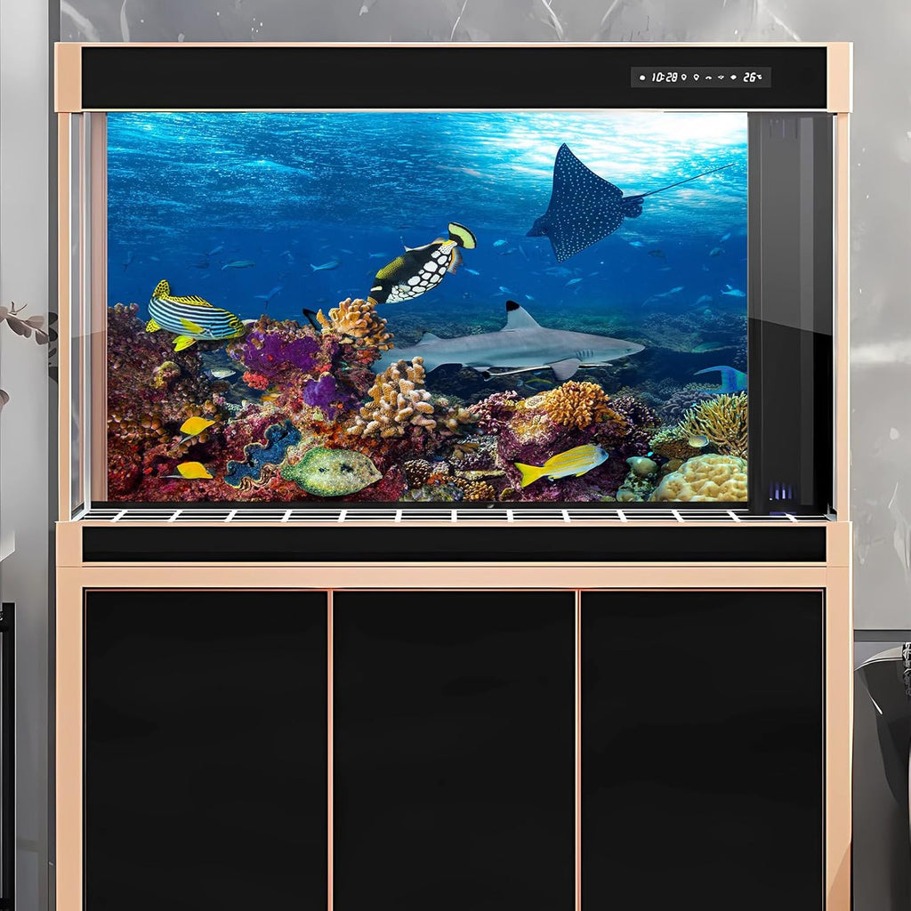 Under The Sea Aquarium Background Colorful Coral and Reefs Marine Life Fish Tank Background Deep Blue Sea Tropical Fish Shark with Sunbeams Terrarium Background Sea Theme Aquarium Backdrop 24x16in
