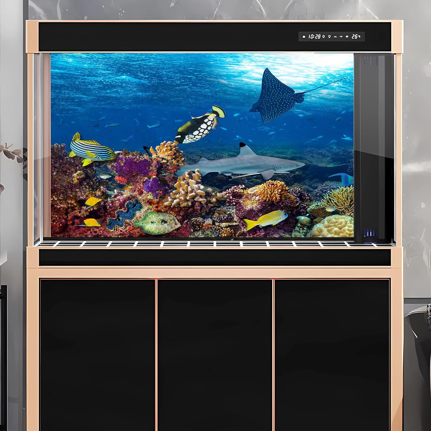 Under The Sea Aquarium Background Colorful Coral and Reefs Marine Life Fish Tank Background Deep Blue Sea Tropical Fish Shark with Sunbeams Terrarium Background Sea Theme Aquarium Backdrop 36x18in